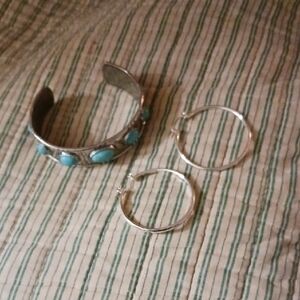 Silver and Turquoise Bracelet and Hoop Earrings Set